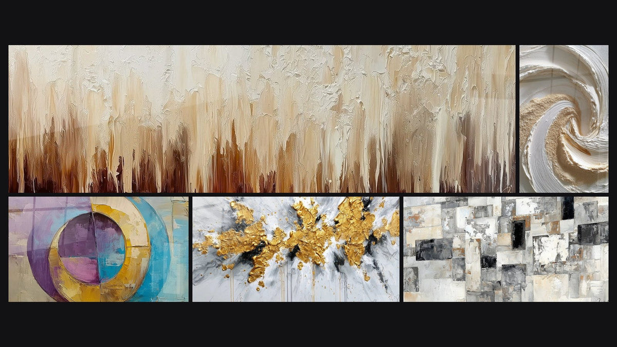Mosaico de cinco cuadros, entre ellos Círculos concéntricos coloridos y Explosión dorada sobre fondo blanco y gris