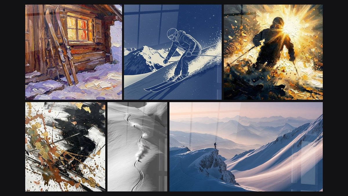 Mosaïque de six tableaux, dont Chalet de Montagne, Skieur Abstrait et Skieur en Descente