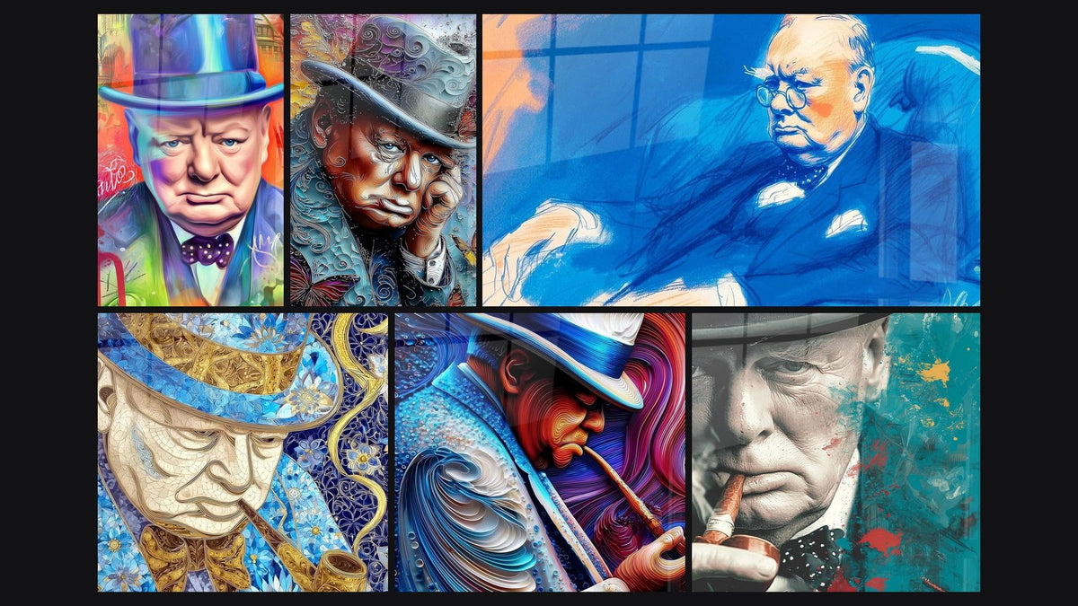 Mosaic of six paintings, including Man With Hat Whirling Thought, Deep Blue Portrait and Winston Churchill Winding Dreams