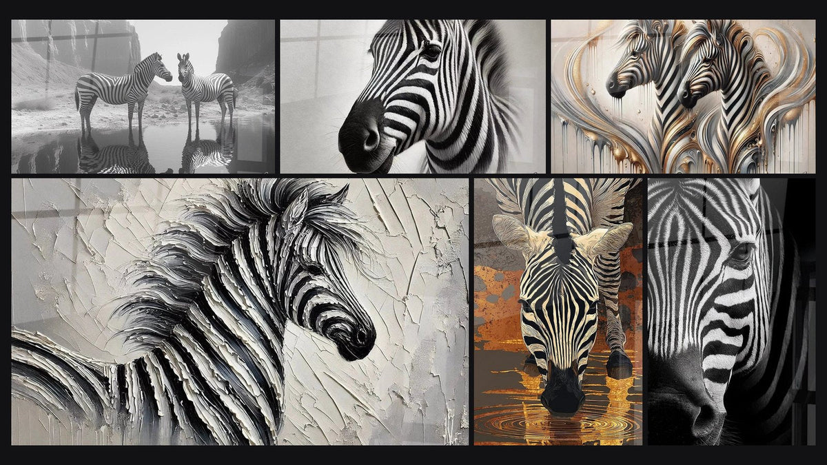 Mosaico di sei quadri, tra cui Zebra Serenità monocromatica, Semplicità Rigata e Poesia in Bianco e Nero