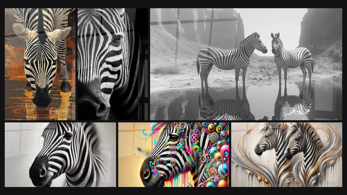 Mosaic of six paintings, including Zebra Drinking, Zebra Portrait Profile and Zebra Serenity Monochrome
