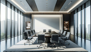 Salle de réunion juridique contemporaine avec grand mur vide derrière table de conférence, intérieur professionnel élégant