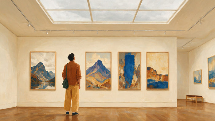 Un visiteur de dos devant plusieurs paysages de montagne accrochés dans une salle de musée lumineuse
