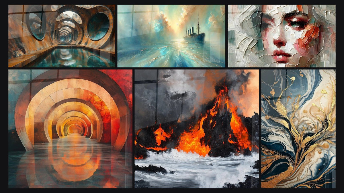 Mosaïque de six tableaux, dont Abîme Lumineux Oxydé, Arches Méditatives Incandescentes Orange et Apocalypse Marine Rouge