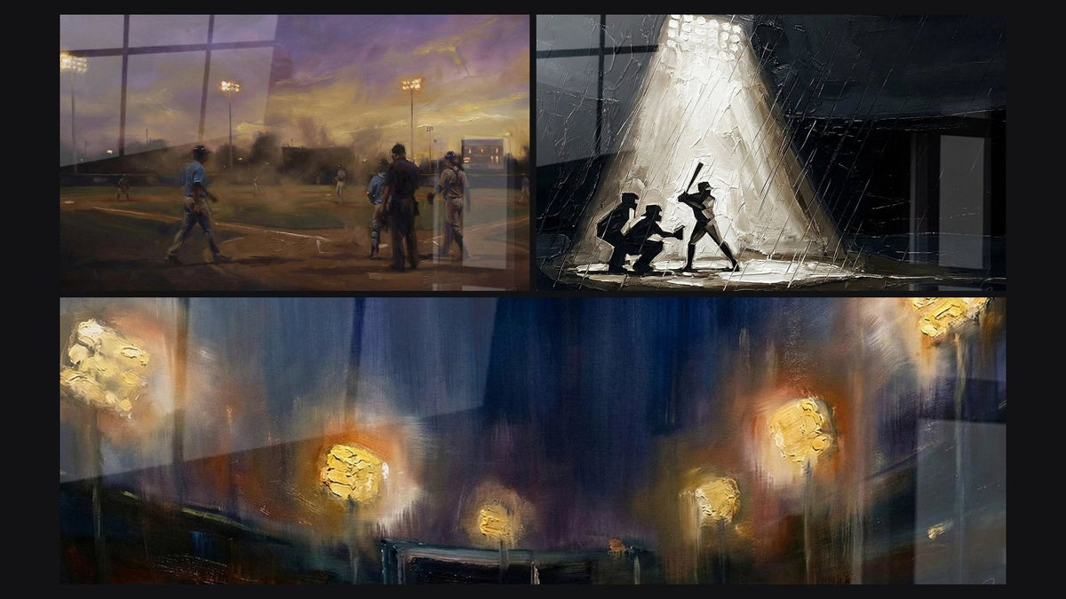 Mosaïque de trois tableaux, dont Baseball Nocturne et Stade de Nuit