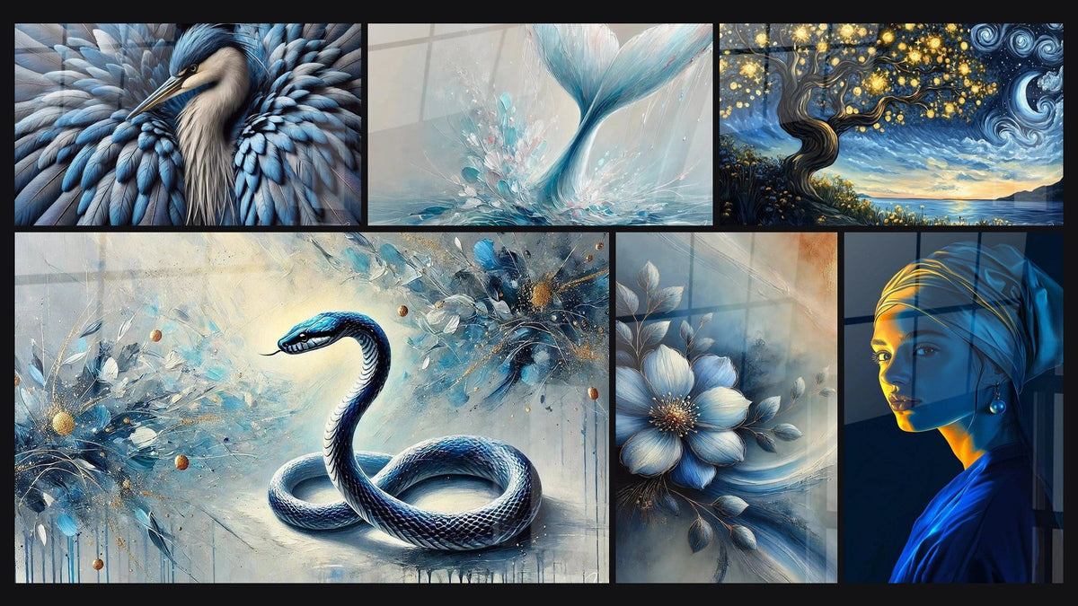 Mosaik aus sechs Gemälden, darunter Königsblau, Ewiges Blau und Mitternachtsblau