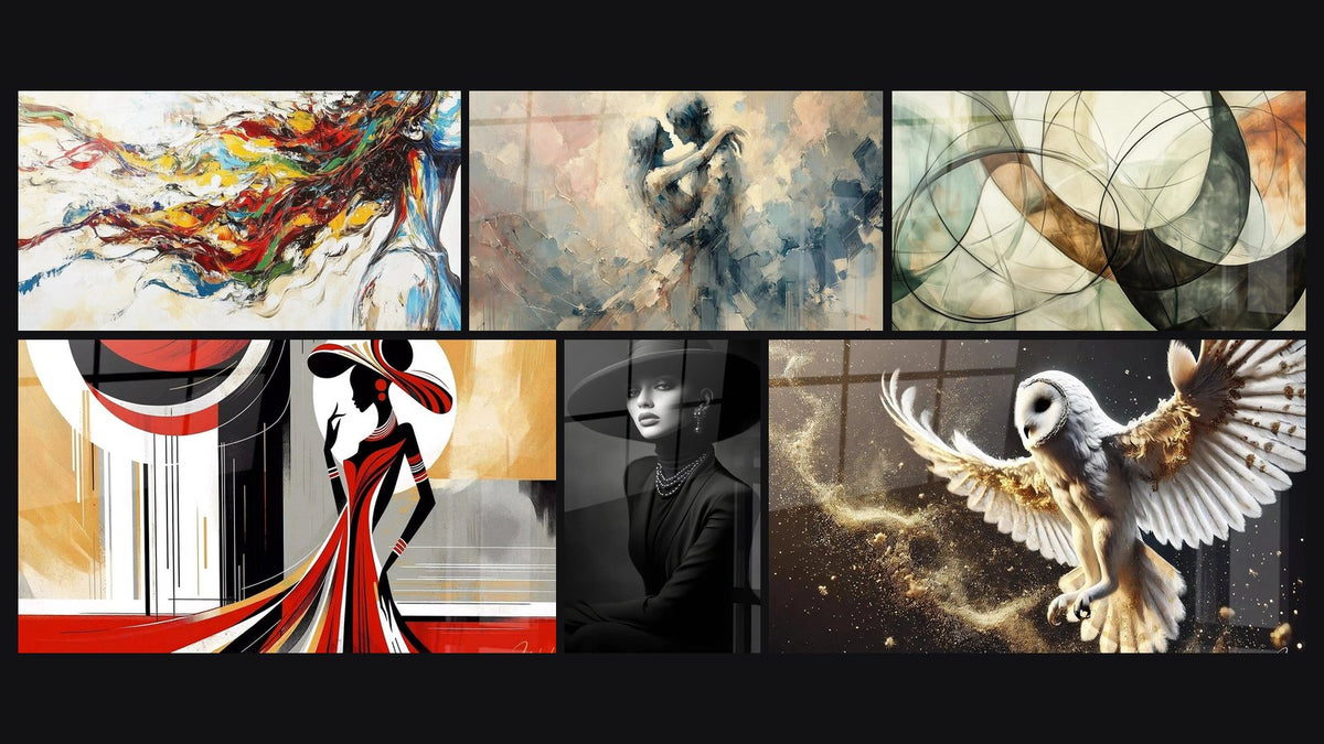 Mosaïque de six tableaux, dont Muse Moderne, Entre Nous et Art de la Sophistication