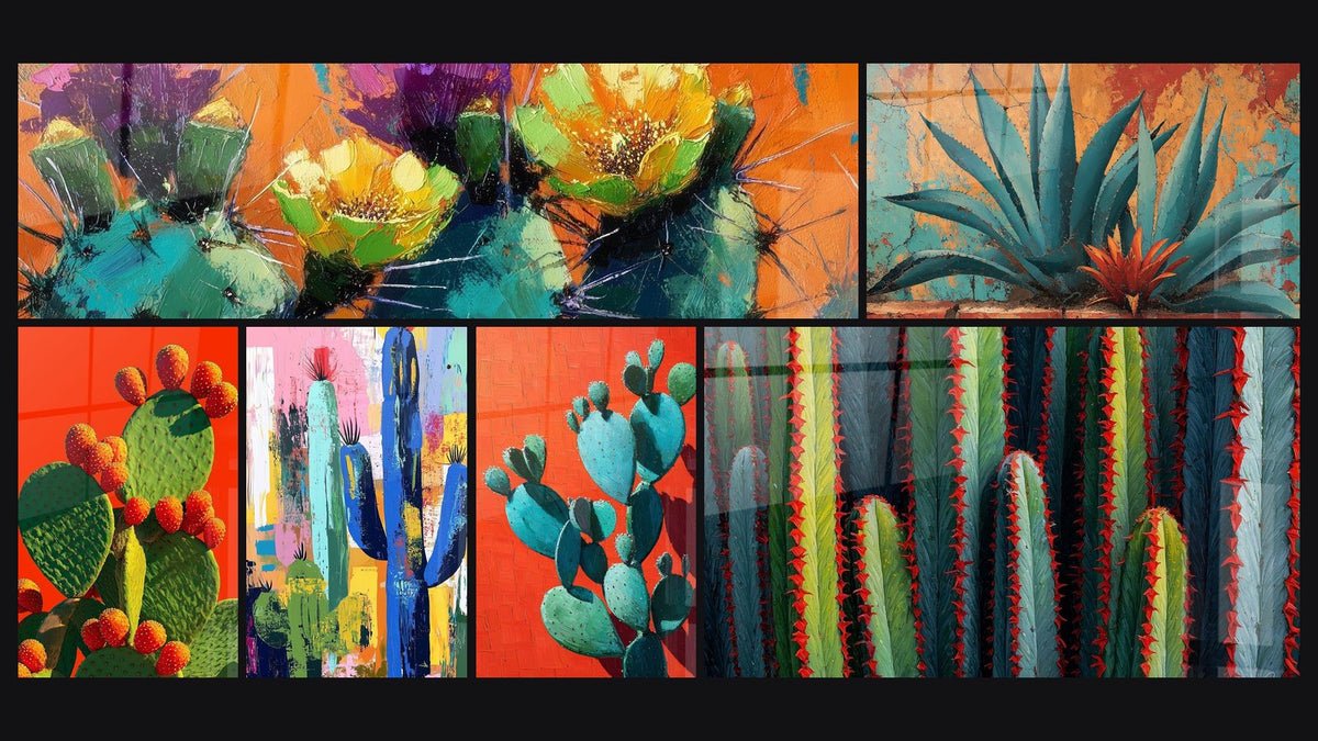 Mosaïque de six tableaux, dont Cactus Multicolores Fond Orange et Cactus Bleu-Vert sur Fond Orange Éclatant