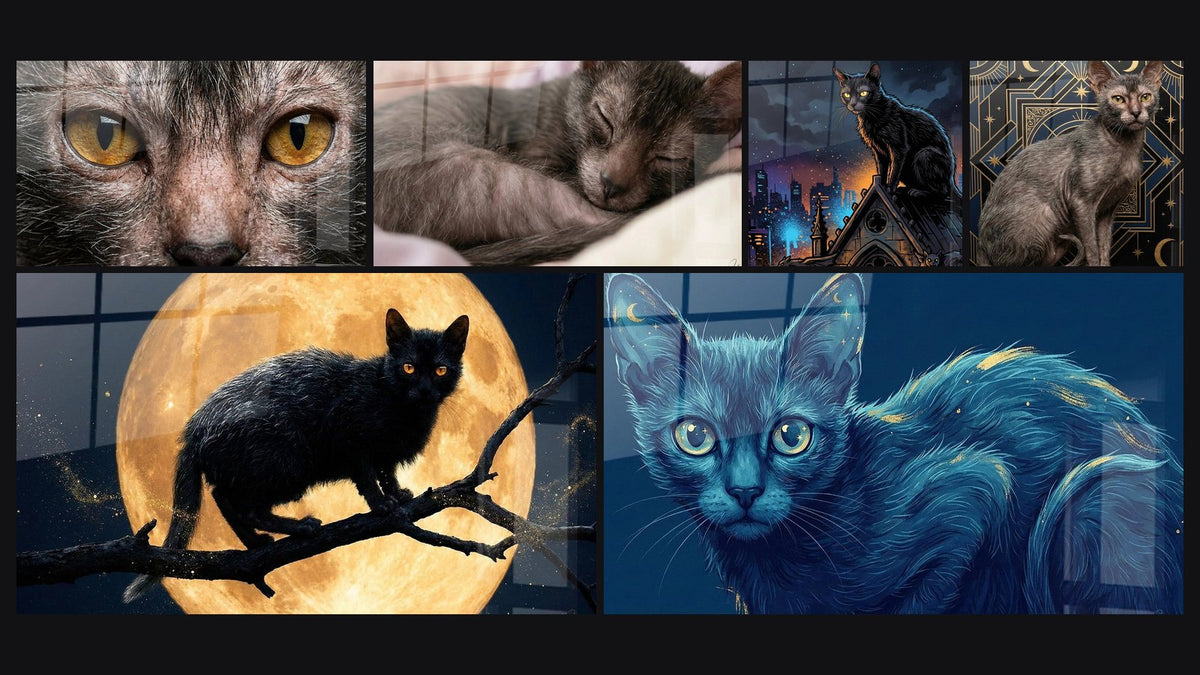Mosaïque de six tableaux, dont Chat Lykoi Regard Hypnotique, Chat Lykoi endormi et Chat Noir Lune Dorée