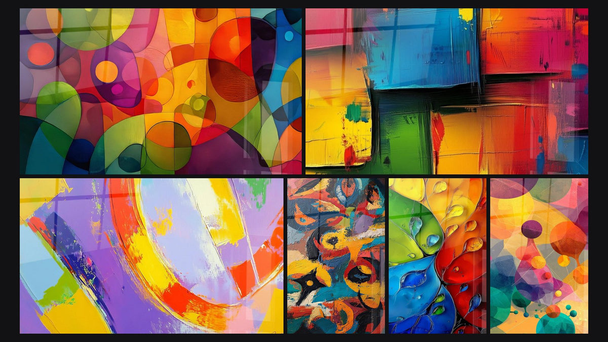 Mosaïque de six tableaux, dont Cercles colorés transparents, Abstrait mouvement coloré et Composition géométrique colorée