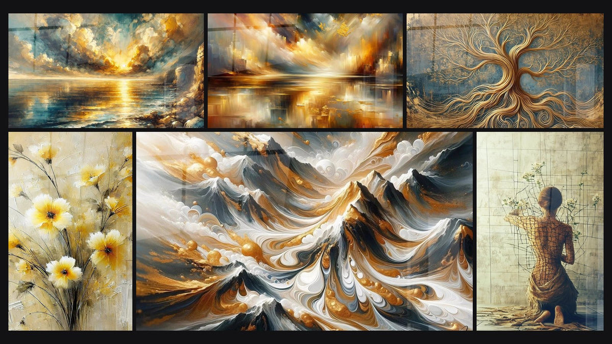 Mosaico de seis cuadros, entre ellos Crepúsculo Dorado, Toque Dorado y Ciudad de Reflejos Dorados