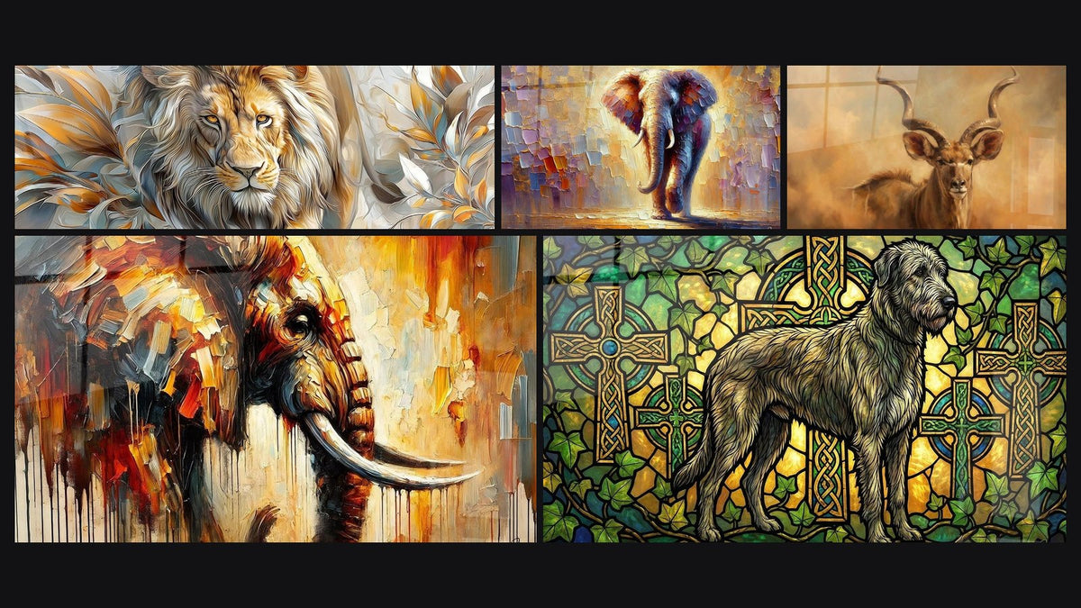 Mosaïque de cinq tableaux, dont Majesté Brûlante et Colosse de Lumière