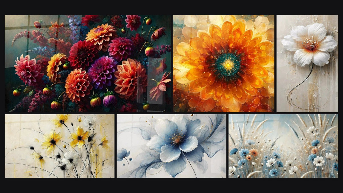 Mosaic of six paintings, including Floral Symphony, Sunflower and Incandescent Sun Orange