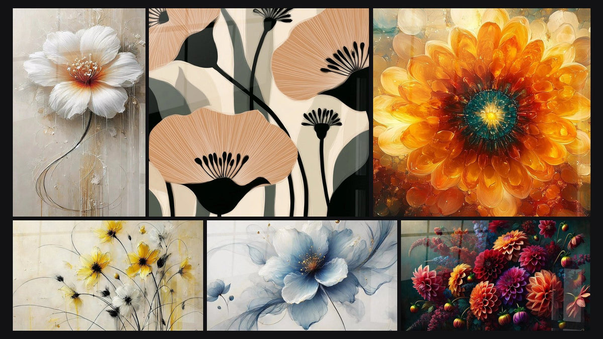 Mosaïque de six tableaux, dont Fleur en Grâce, Fleurs Abstraites et Fleurs de Soleil