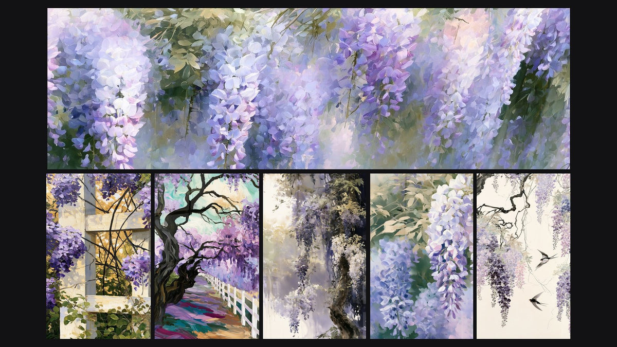 Mosaïque de six tableaux, dont Grappes mauves et blanches en rideau serré