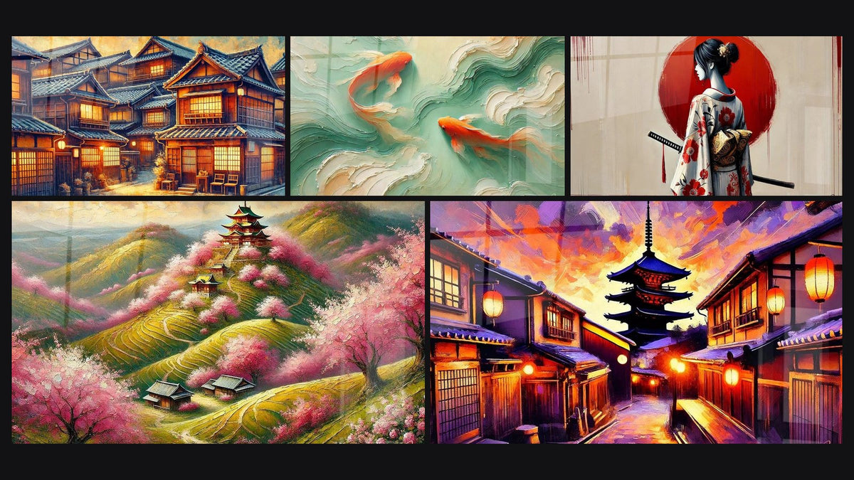 Mosaïque de cinq tableaux, dont Japonais N°1, Cerisier Japonais N°1 et Japonais Zen N°1