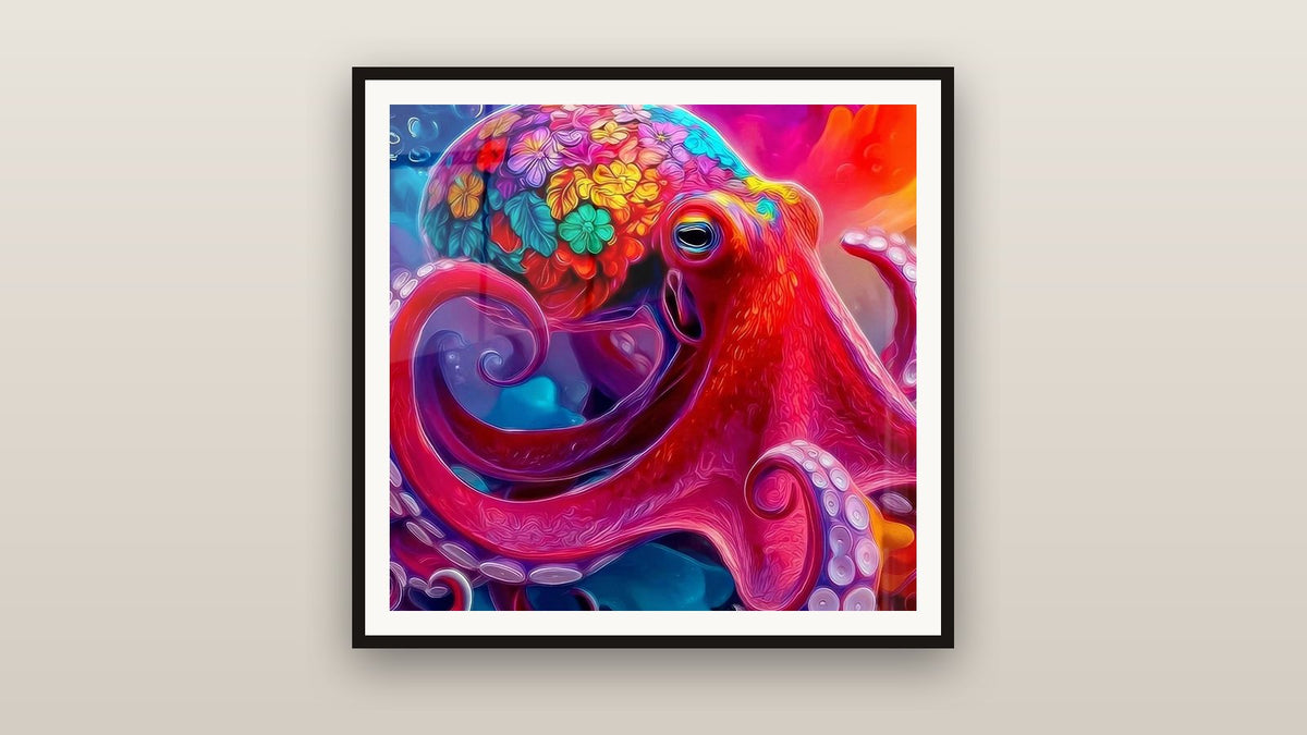Tableau encadré sur un mur : Pieuvre Psychédélique Florale