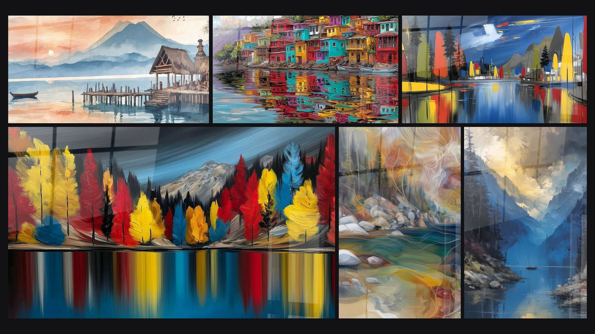 Mosaïque de six tableaux, dont Village lacustre au coucher de soleil et Maisons Colorées au Bord du Lac