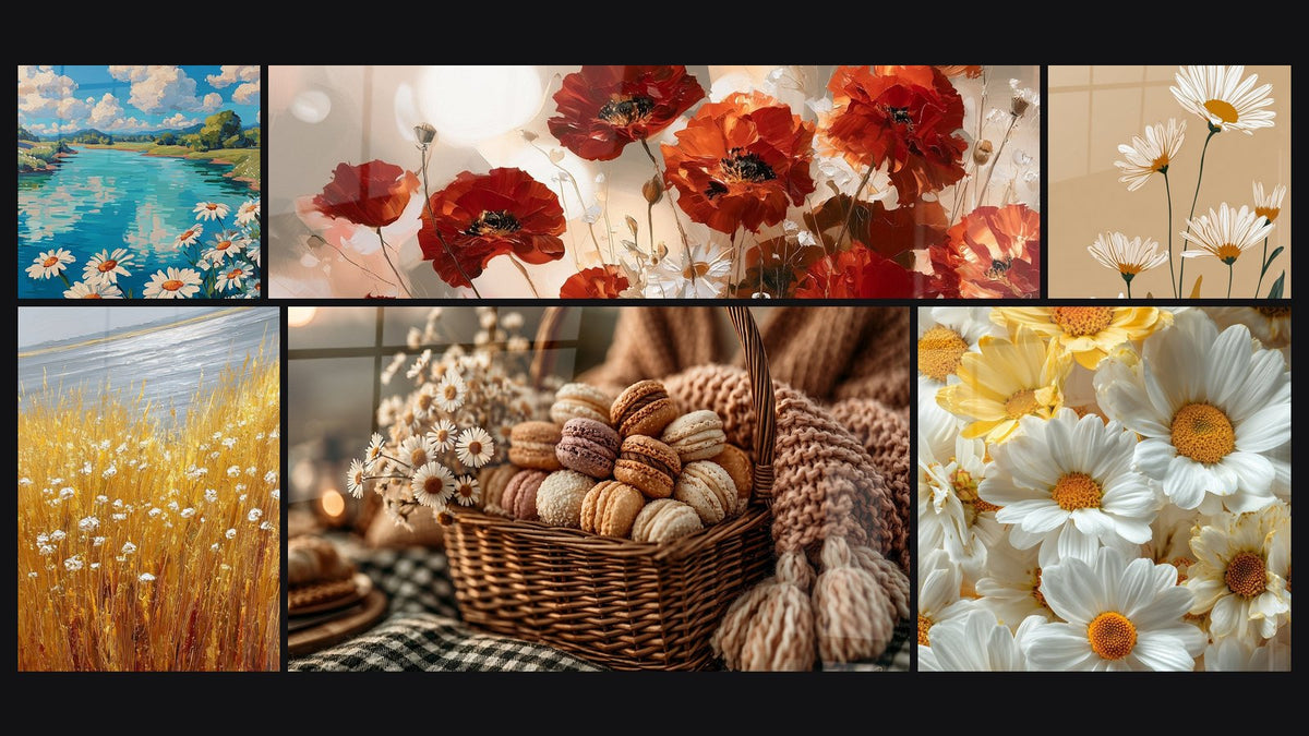 Mosaico de seis cuadros, entre ellos Paisaje de margaritas blancas y Cesta de Macarons Beige y Margaritas