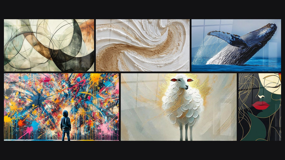 Mosaïque de six tableaux, dont Les Liens Invisibles, Éclats de Peinture et Baleine Géante des mers