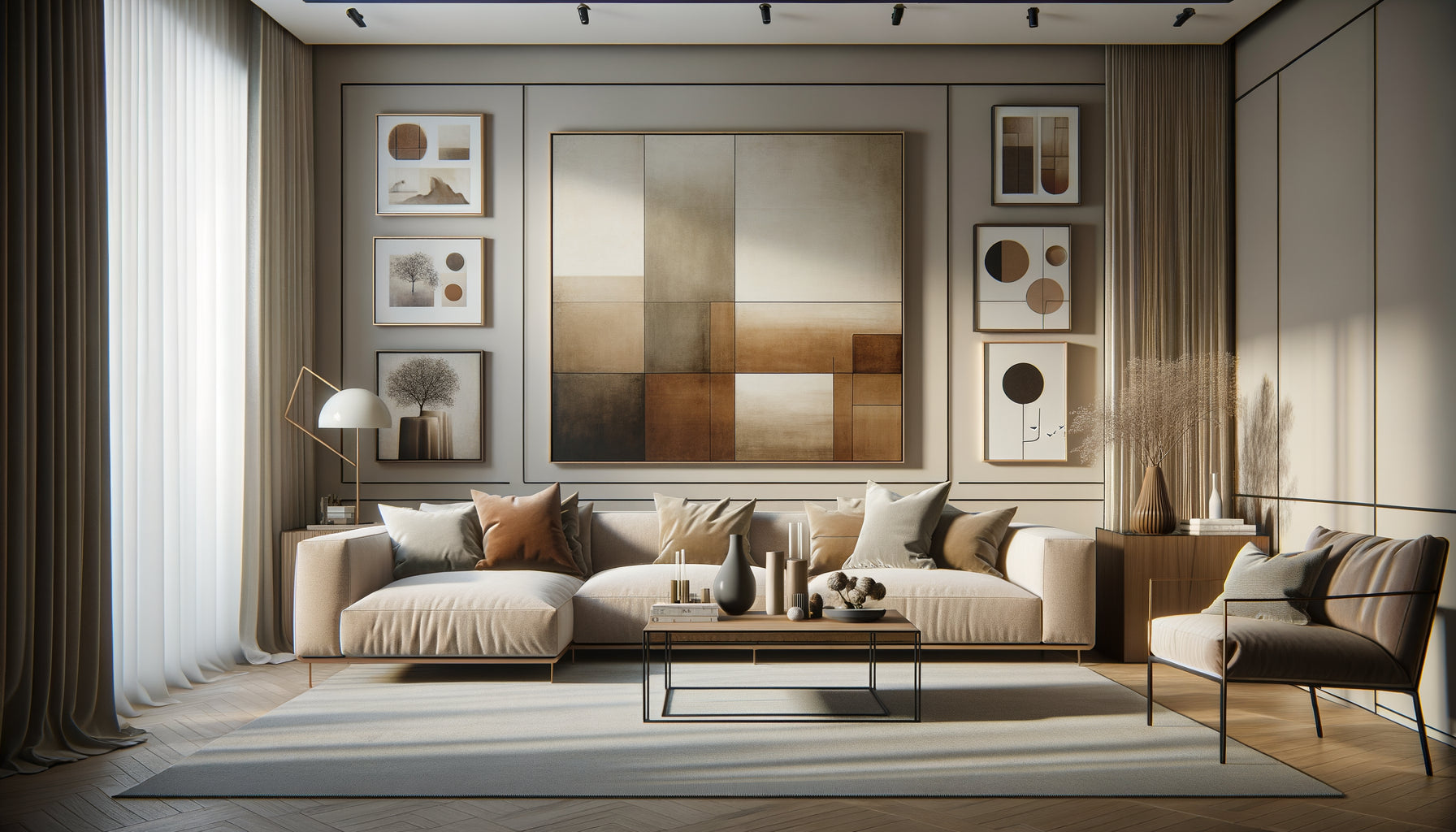 Salon moderne montrant la comparaison entre un grand tableau unique et une composition murale de plusieurs petits cadres