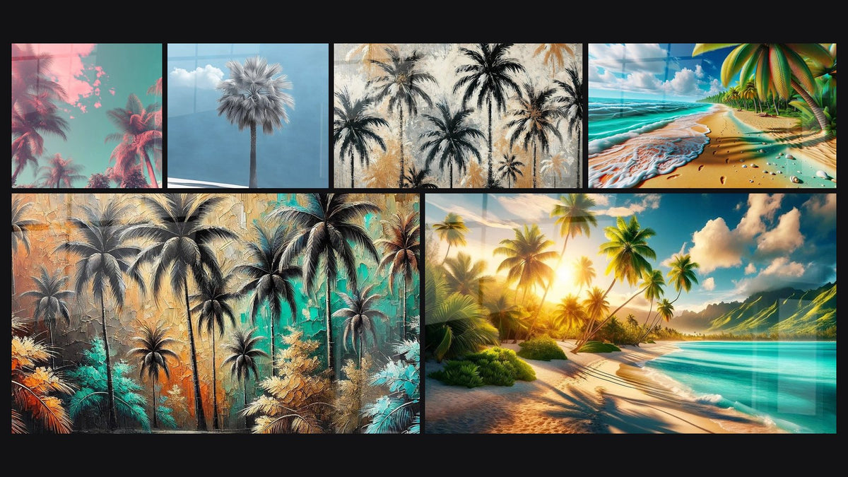 Mosaico de seis cuadros, entre ellos Paraíso Roto, Selva de Colores y Reflejos Salvajes