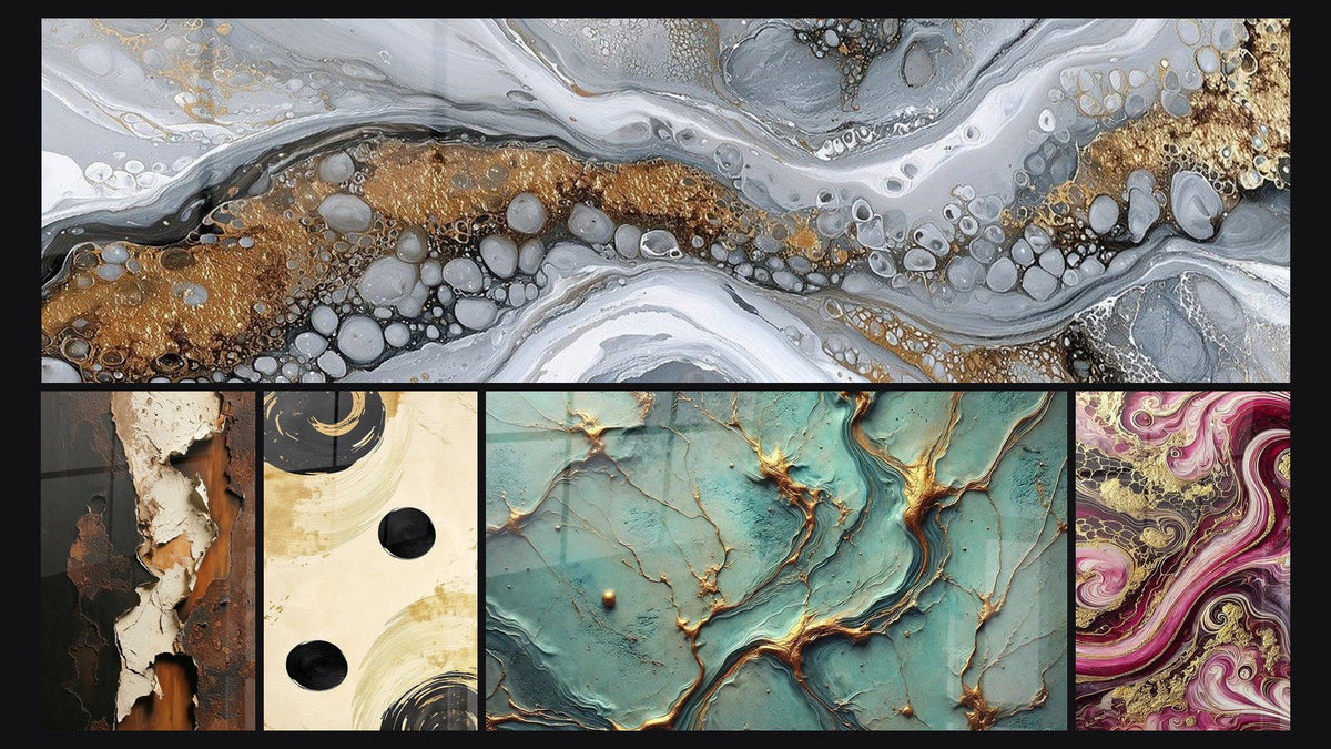 Mosaïque de cinq tableaux, dont Abstrait Fluide Gris et Or, Équilibre Sphère Noir et Rivières d’Or