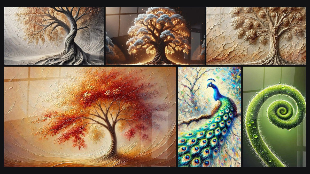 Mosaic of six paintings, including Breath of Earth, Tree of Life Zen Dance of Seasons and Night Tree