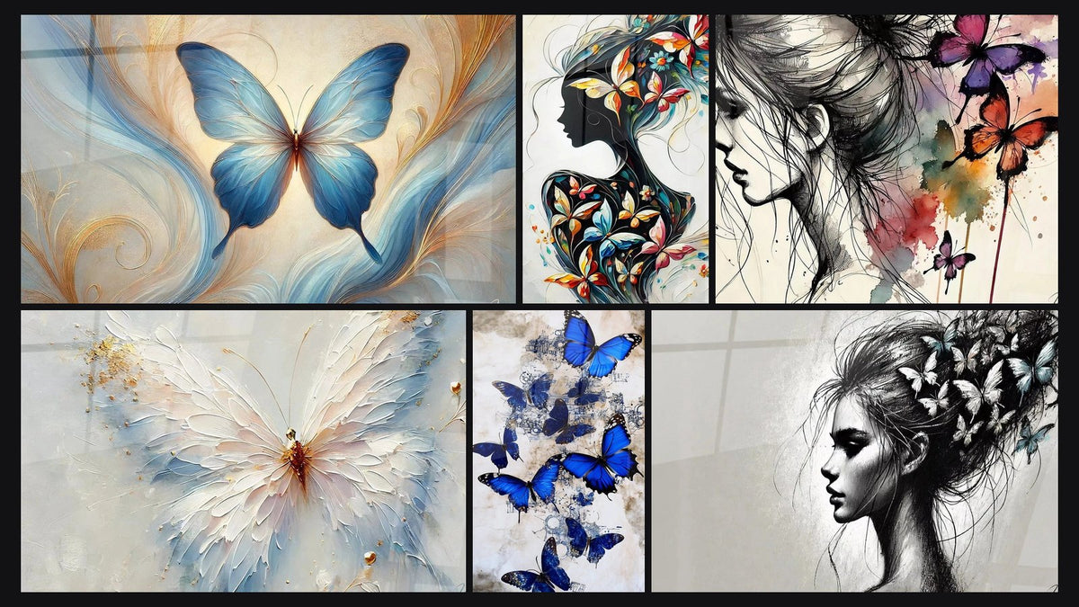 Mosaïque de six tableaux, dont Éclat Fragile, Ailes de Soie et Papillon Voltige indigo