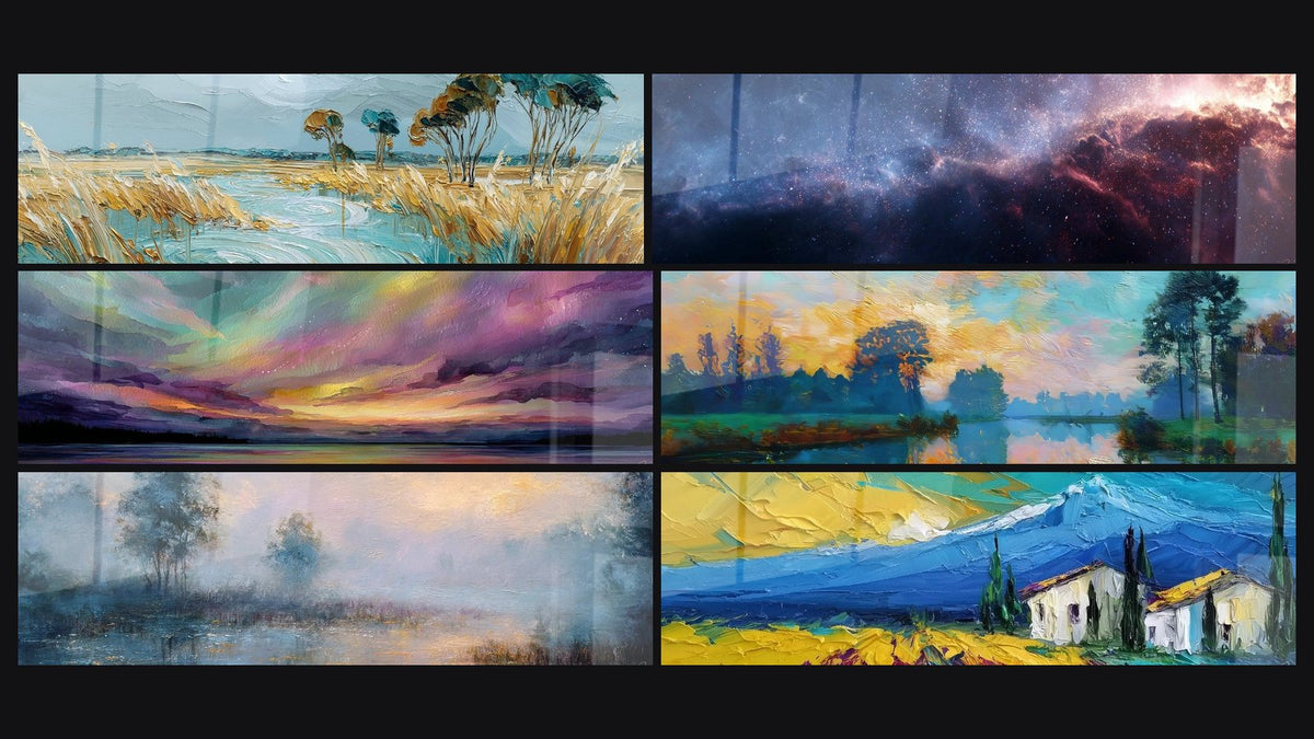 Mosaik aus sechs Gemälden, darunter Kambargische Landschaft, Kosmische Landschaftsmalerei und Landschaftsbild See