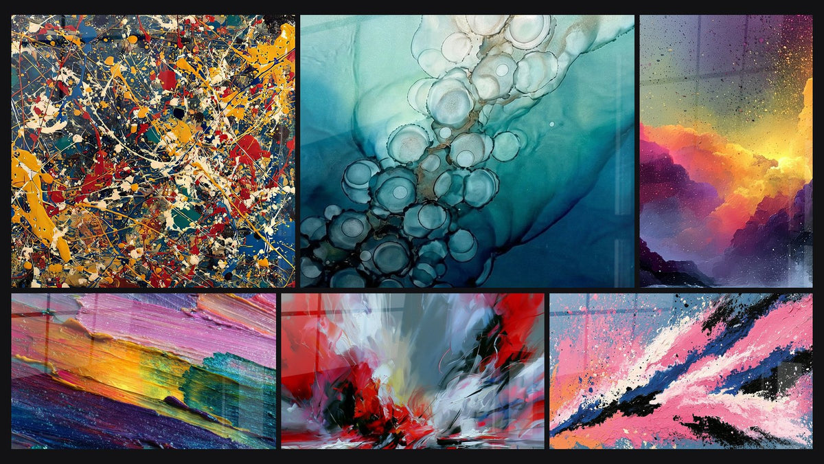 Mosaïque de six tableaux, dont Explosion de couleurs, Peinture à l'huile multicolore et Coulée rouge et gris balafrée de noir
