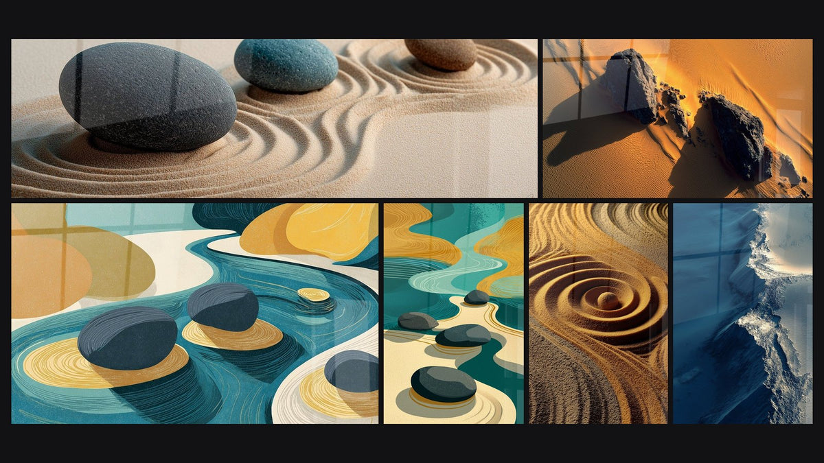 Mosaïque de six tableaux, dont Galets Zen et Rivage Turquoise et Vue Aérienne Côte Marine Bleue et Dorée