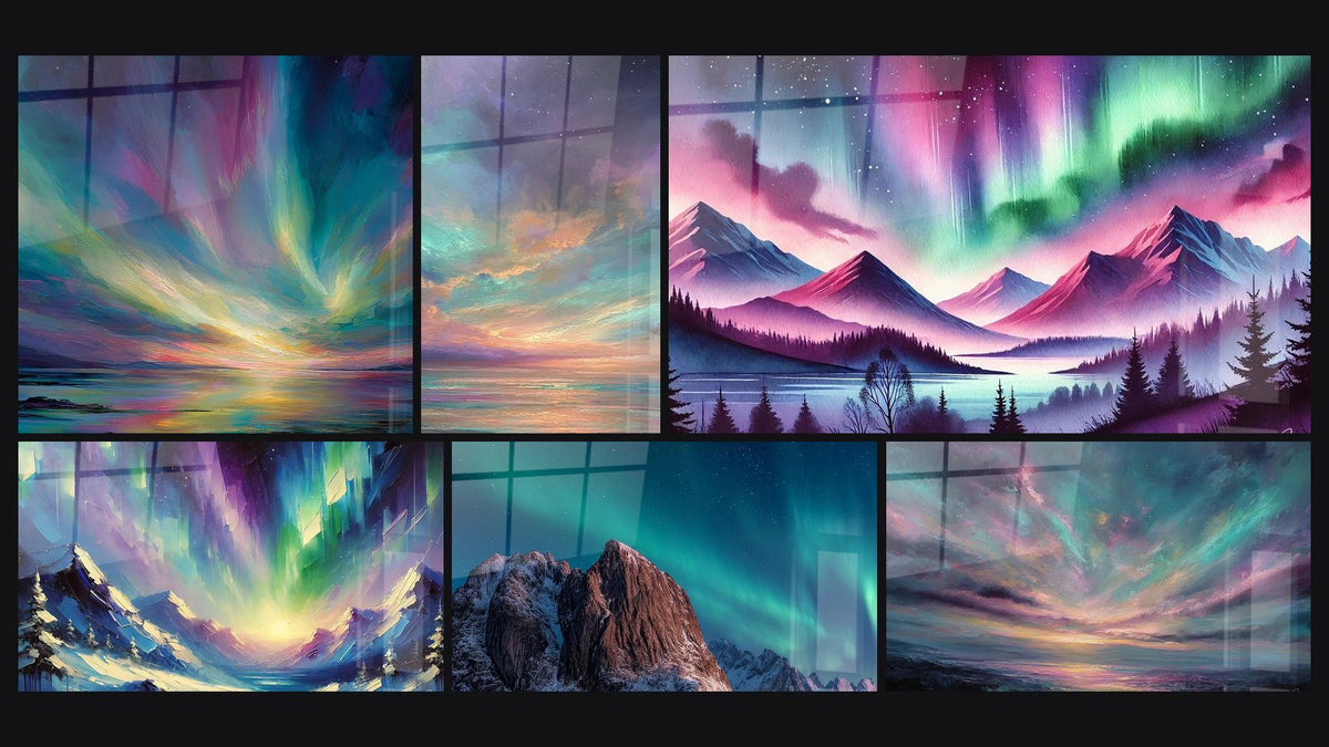 Mosaico de seis cuadros, entre ellos Paisaje marino, El Espejo de los Cielos y Amanecer océano