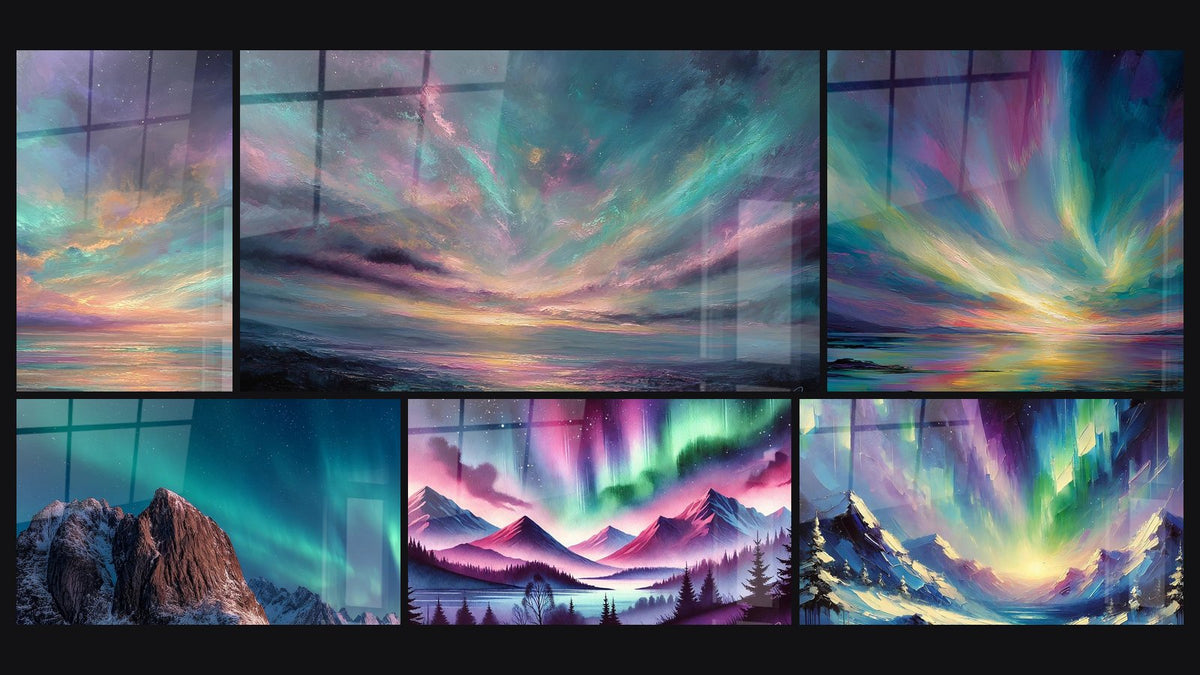 Mosaik aus sechs Gemälden, darunter Bergtafel Ozeansonnenuntergang, Berge Aurora Borealis und Nordlicht Nacht