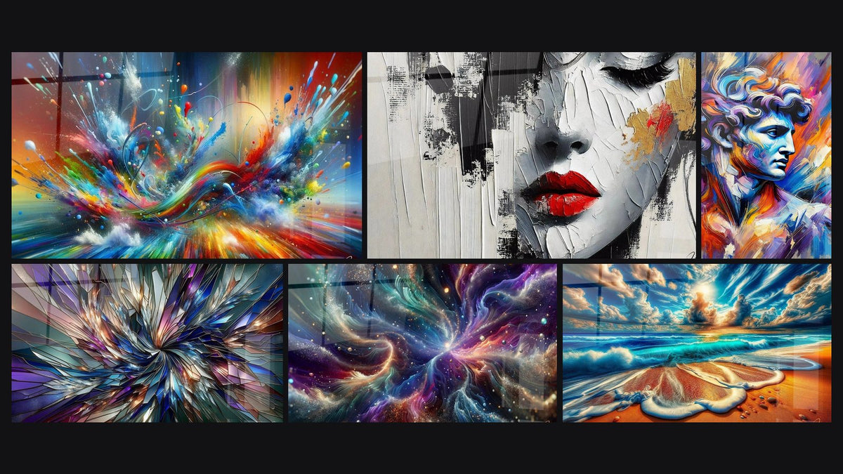 Mosaico de seis cuadros, entre ellos Abstracto Big Bang Explosivo, Belleza Inconclusa y Infinito Cósmico Majestuoso