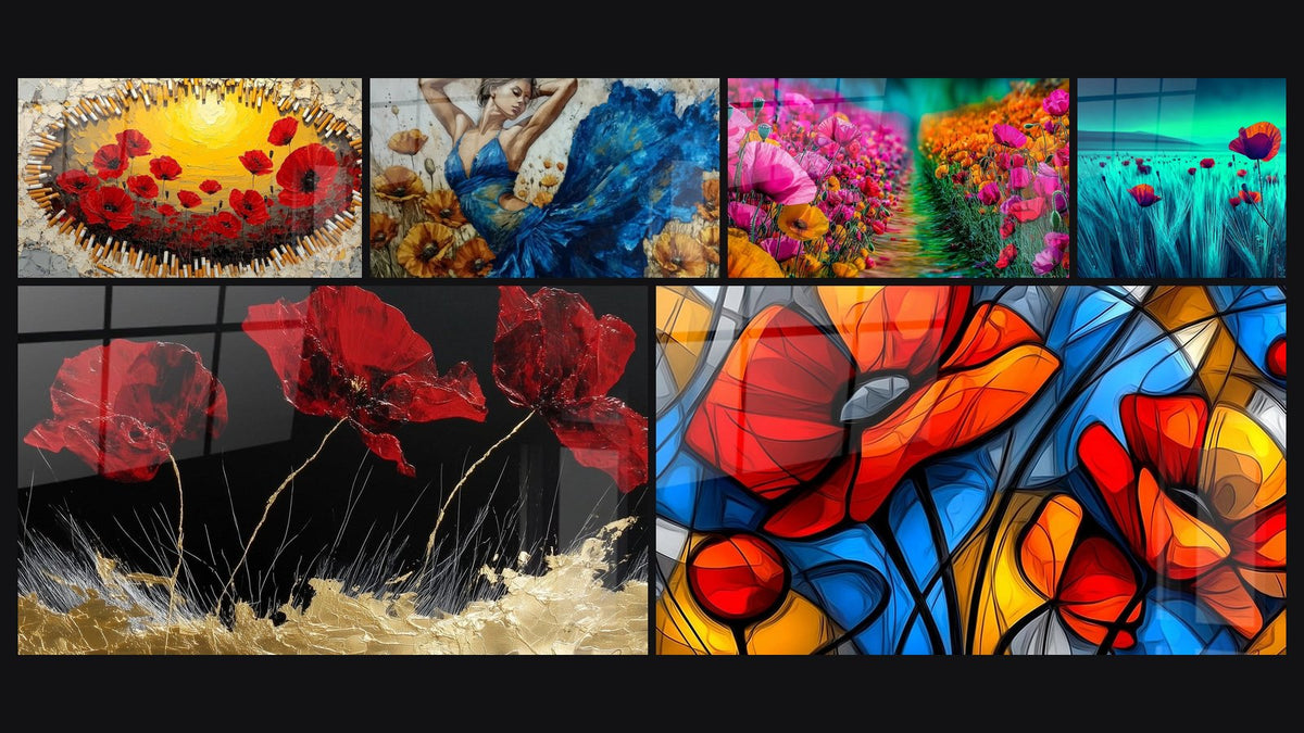 Mosaïque de six tableaux, dont Abstraite de Fleurs Stylisées Multicolores