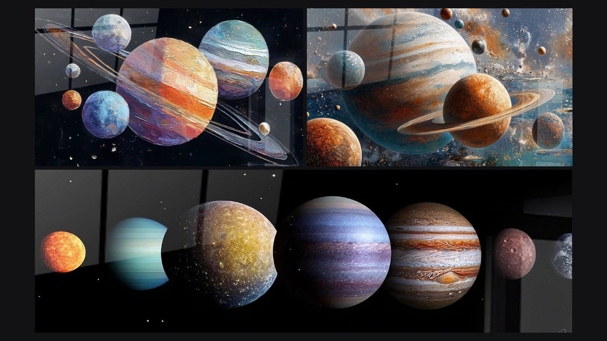 Mosaïque de trois tableaux : Système solaire artistique, Système solaire et Planètes système solaire