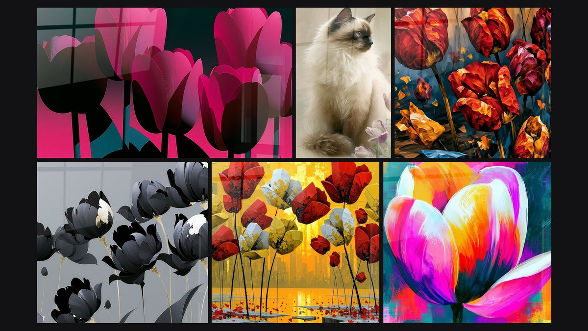 Mosaïque de six tableaux, dont Chat Birman aux Tulipes et Tulipes écarlates aux pétales dorés