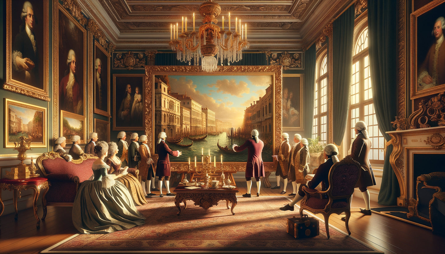 Scène aristocratique du 18ème siècle montrant l'offrande cérémonielle d'un tableau de Canaletto au retour du Grand Tour