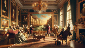 Scène aristocratique du 18ème siècle montrant l'offrande cérémonielle d'un tableau de Canaletto au retour du Grand Tour