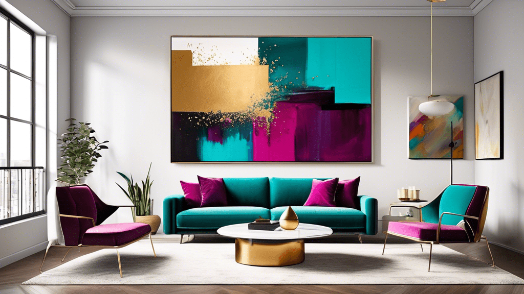 Modern living room with a large, vibrant abstract acrylic painting in shades of teal, gold, and magenta above a teal sofa, matching chairs, and decor.