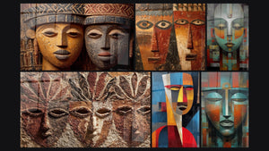 Mozaïek van zes schilderijen, waaronder Ancestrale Afrikaanse Maskers en Tafel van gestileerde Afrikaanse gezichten