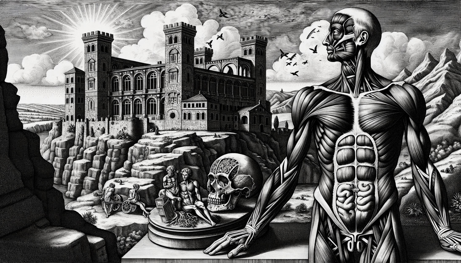 Gravure anatomique Renaissance style Vésale 1543, écorché musculaire en pose classique, noir et blanc, précision scientifique et beauté esthétique