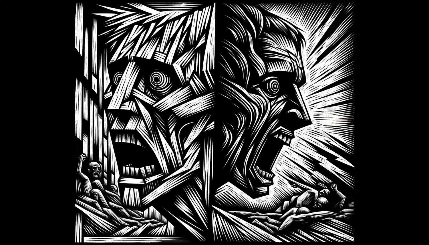 Gravure sur bois expressionniste allemande années 1920, contraste noir-blanc brutal, figure angoissée style Kirchner, lignes anguleuses