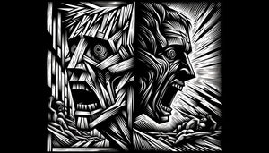 Gravure sur bois expressionniste allemande années 1920, contraste noir-blanc brutal, figure angoissée style Kirchner, lignes anguleuses