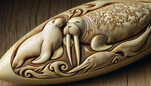 Gros plan d'ivoire gravé inuit montrant phoque et morse avec détails anatomiques distinctifs traditionnels