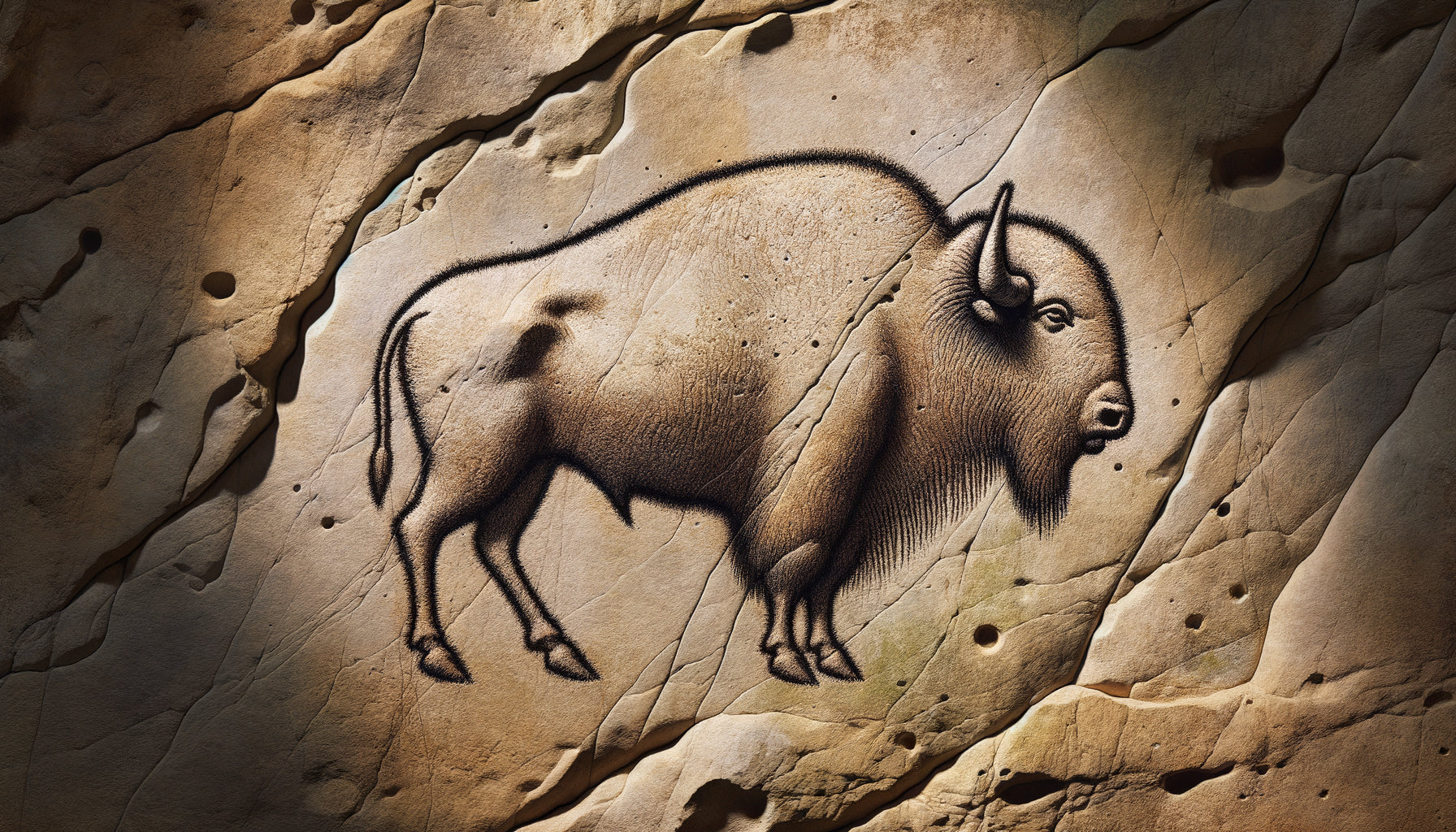Gravure rupestre magdalénienne représentant un bison avec effet de volume créé par un simple contour noir sur paroi calcaire