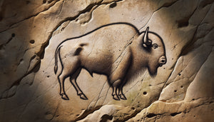 Gravure rupestre magdalénienne représentant un bison avec effet de volume créé par un simple contour noir sur paroi calcaire