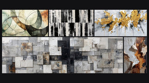 Mosaïque de cinq tableaux, dont Les Liens Invisibles et Explosion dorée sur fond blanc et gris