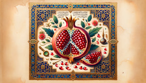 Enluminure ottomane du 16ème siècle représentant une grenade ouverte aux graines rubis, manuscrit médical avec calligraphie arabe et motifs géométriques dorés